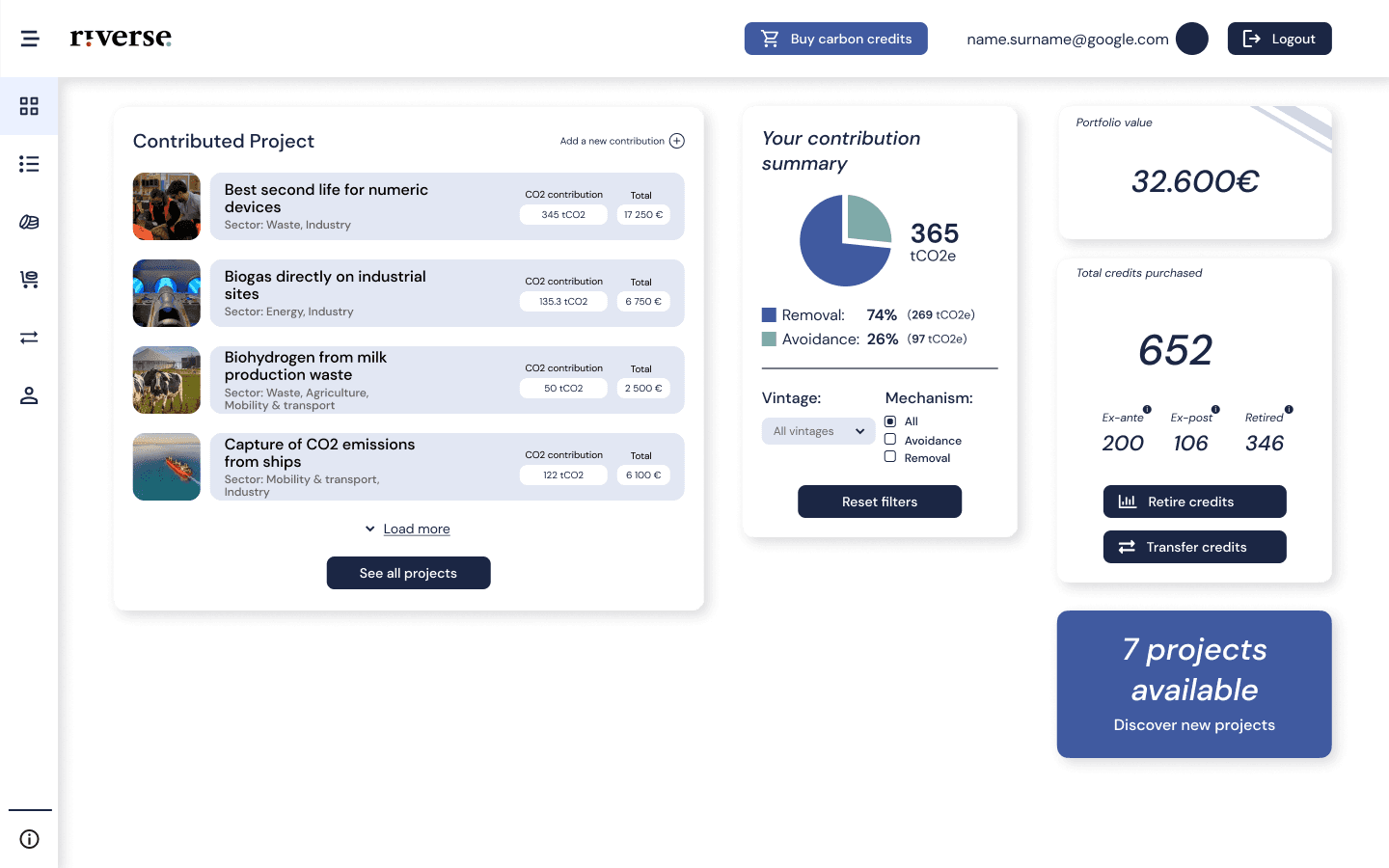 Riverse carbon credits platform interface